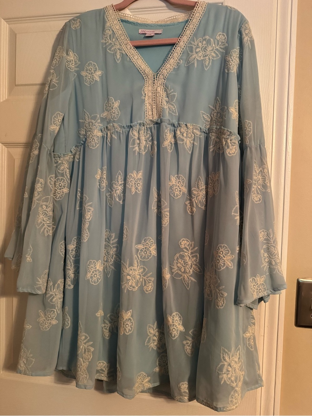 Light Blue Embroidered V-Neck Tunic Dress